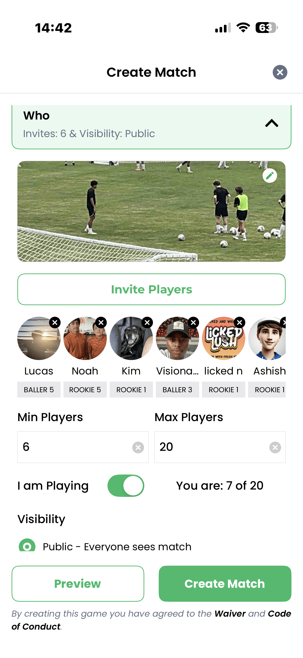 WOOOBA Invite Players screen for soccer