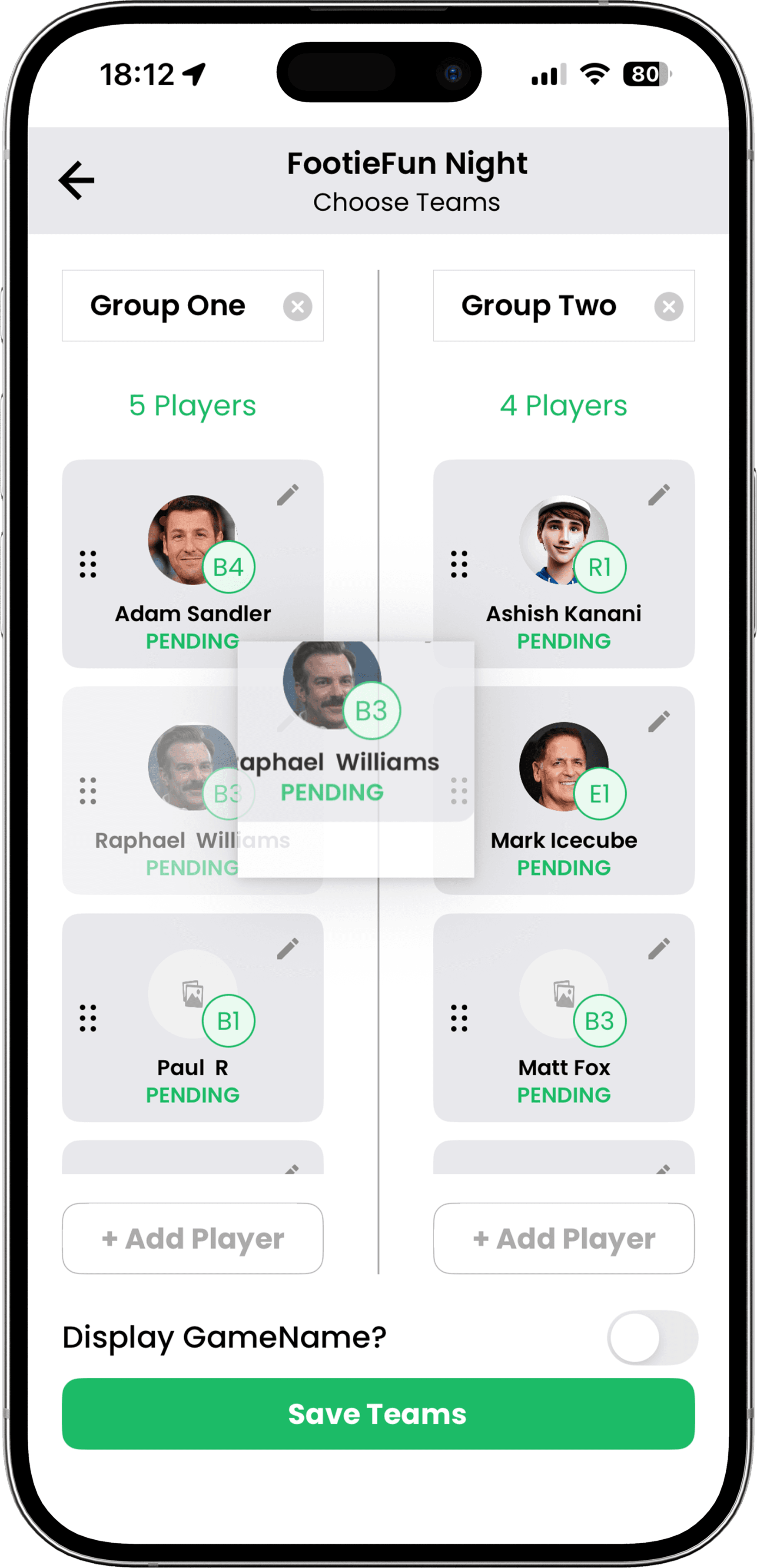 WOOOBA choose teams screen