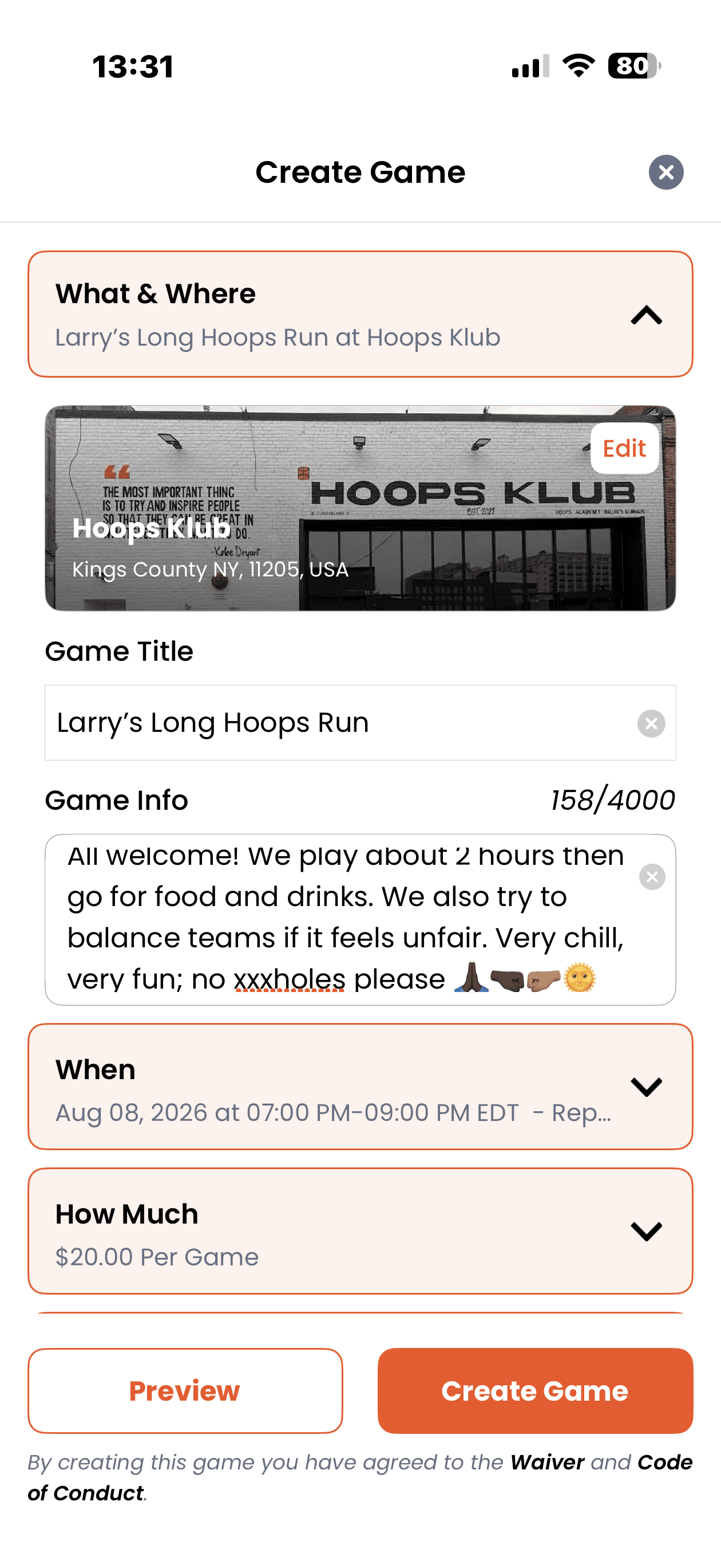 WOOOBA Create Game screen