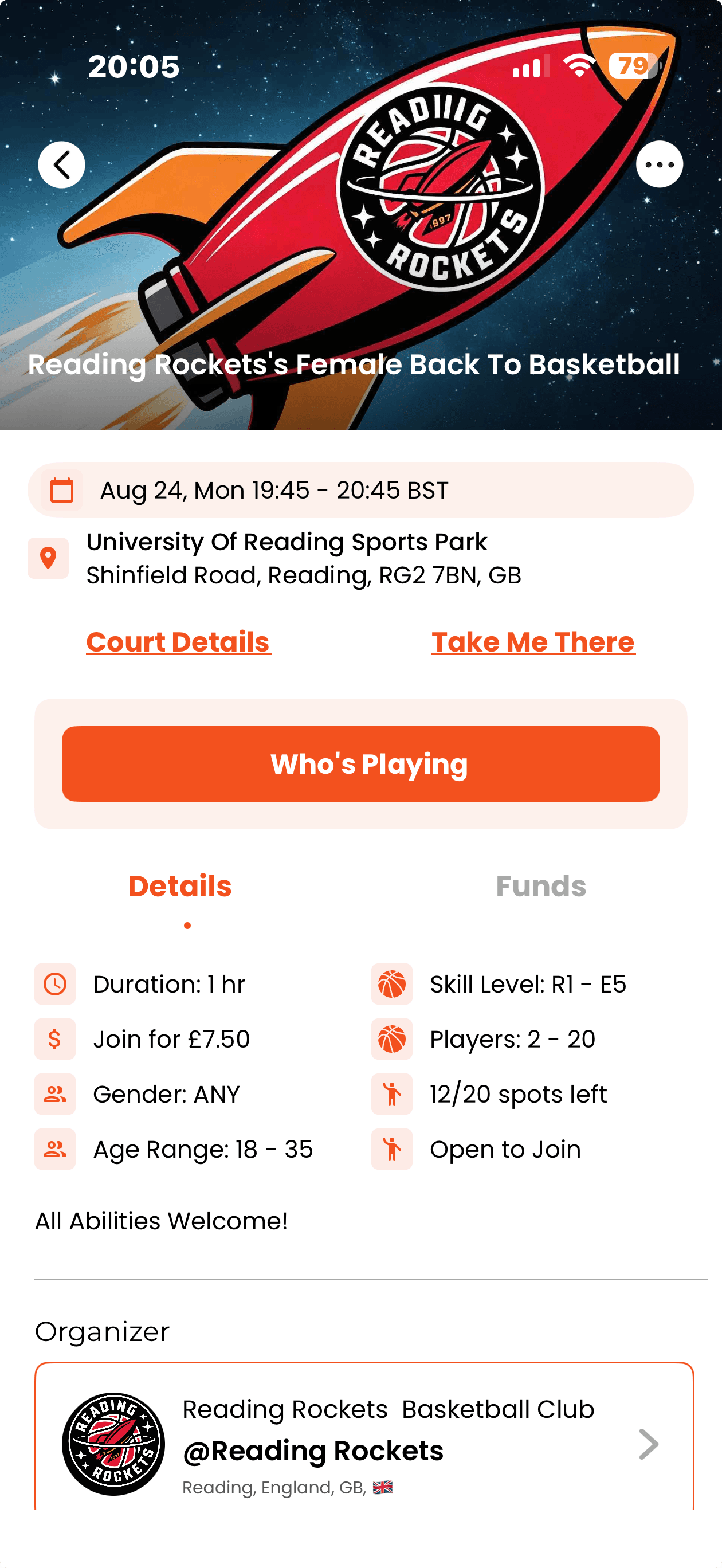 Reading Rockets women's game screen in WOOOBA